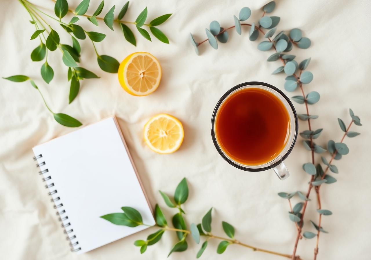 Holistic wellness flat lay with herbs and tea